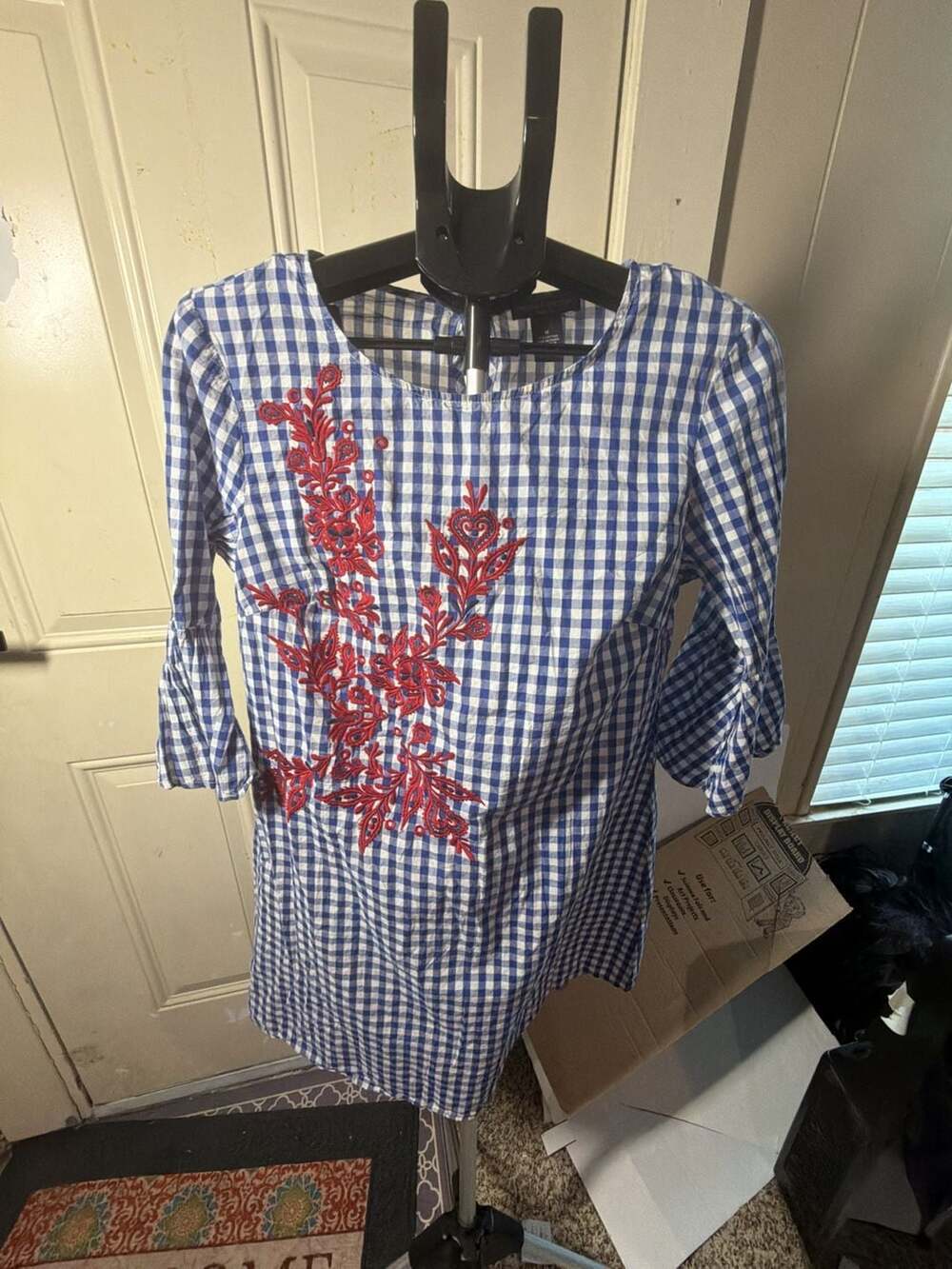 Chelsea & Theodore Blue and White Gingham Check Bell Sleeve Dress with Red Flora